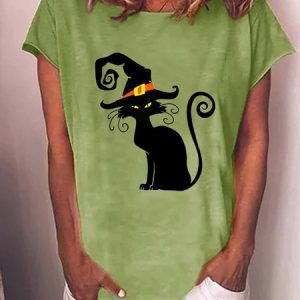 Women Black Cat Halloween Loose T-Shirt, T-shirts, Lilicloth.com