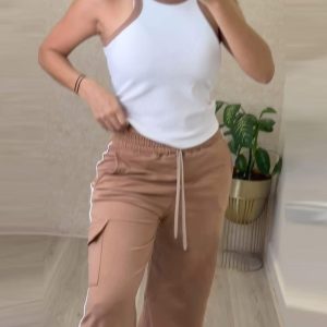 Contrast Binding Ribbed Tank Top & Drawstring Cargo Pants Set, Two-piece Sets, ChicMe catalog