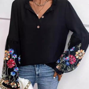 V Neck Long Sleeve Plain Embroidery Regular Micro-Elasticity Loose Blouse For Women, Blouses, color:Black|size:XL, catalog Noracora shop