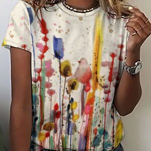 Casual Abstract Floral Bird Print Crew Neck T-Shirt, T-shirts, Lilicloth.com