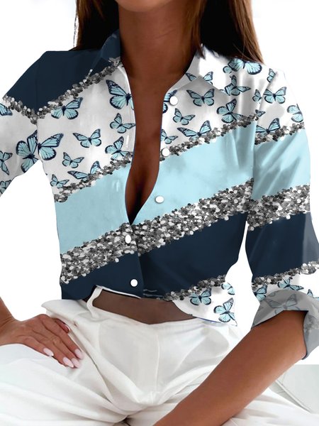 Women's Long Sleeve Shirt Spring/Fall Geometric Shirt Collar Daily Going Out Casual Top, JustFashionNow Shirts & Blouses, color:White|size:XXL,