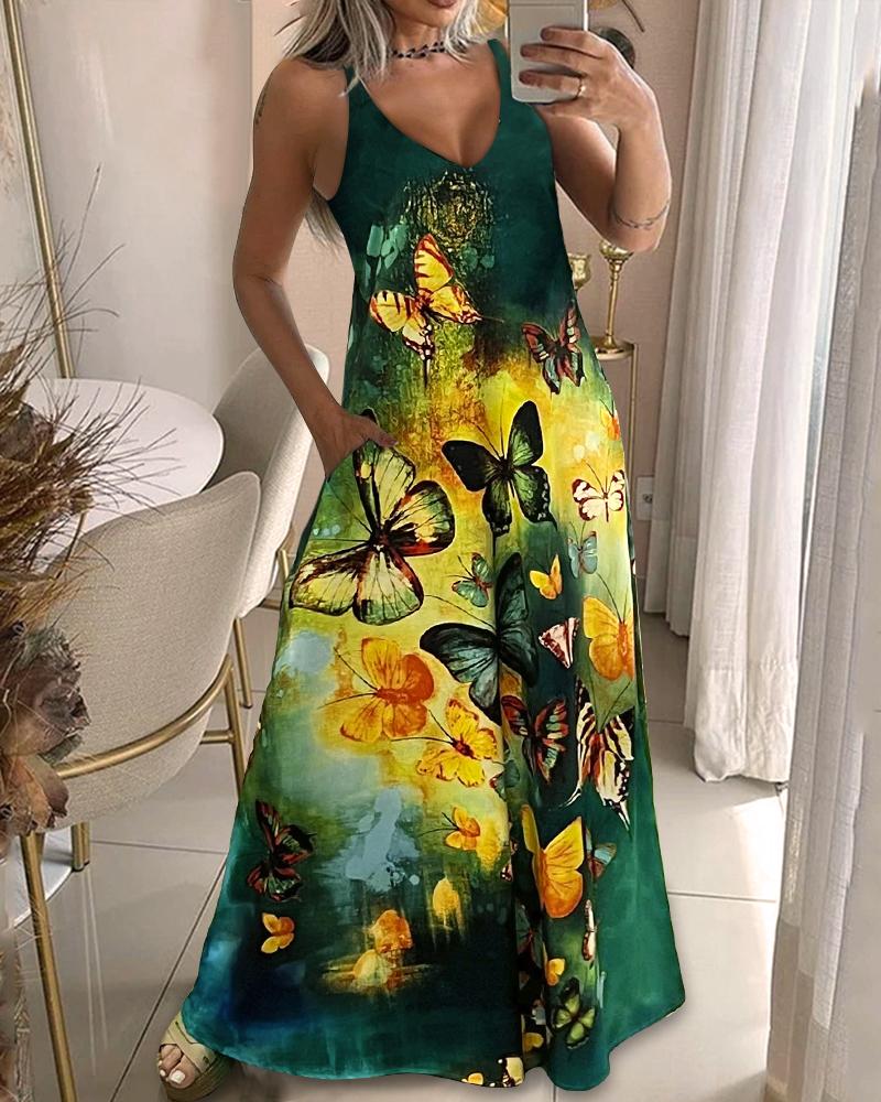 Colorblock Butterfly Print Pocket Design Maxi Dress, Maxi Dresses, ChicMe catalog