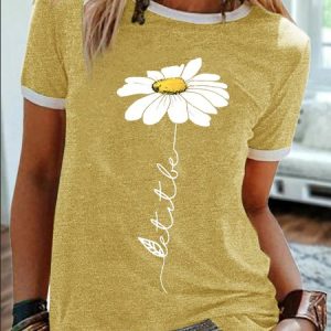 Small Daisy Sun Flower Casual Text Letters Cotton-Blend Crew Neck T-Shirt, T-shirts, Lilicloth.com