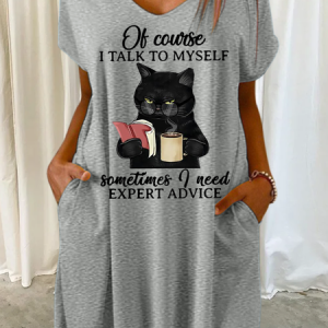 Women‘s Funny Black Cat Books Of Course I Talk To Myself Sometimes I Need Expert Advice Casual V Neck Dress, Dresses, Lilicloth.com