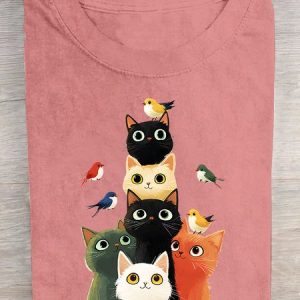 Cat and Bird Cotton T-shirt, T-shirts, Lilicloth.com