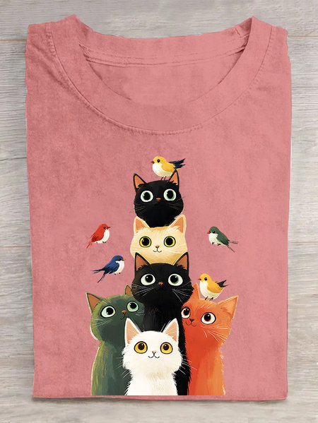 Cat and Bird Cotton T-shirt, T-shirts, Lilicloth.com