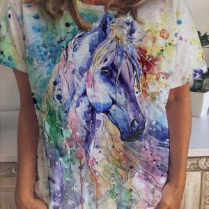 Casual Abstract Horse Print Crew Neck Short Sleeve T-Shirt, T-shirts, Lilicloth.com