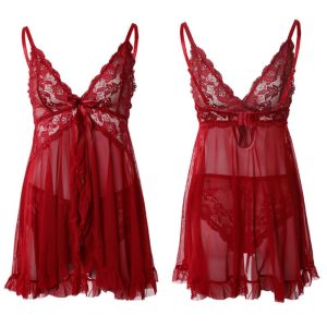 Bowknot Decor Sheer Mesh Lace Babydoll With Thong, Babydolls, ChicMe catalog