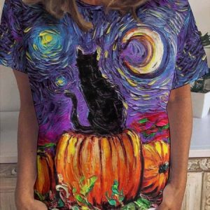 Womens Halloween Black Cat Casual Crew Neck T-Shirt, T-shirts, Lilicloth.com
