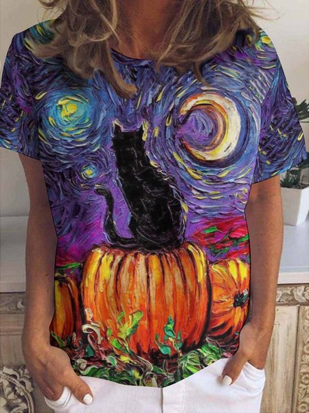 Womens Halloween Black Cat Casual Crew Neck T-Shirt, T-shirts, Lilicloth.com