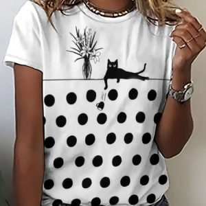 Casual Funny Polka Dot Print Crew Neck T-Shirt, T-shirts, Lilicloth.com