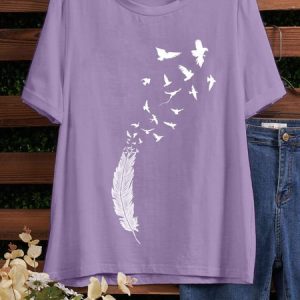 Crew Neck Short Sleeve Cotton-Blend Feather print Shirt & Top, T-shirts, Lilicloth.com
