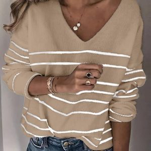 Women's Spring/Fall Striped Casual Long Sleeve V Neck Yarn/Wool Yarn Sweater, JustFashionNow Sweaters, color:Khaki|size:XXL,