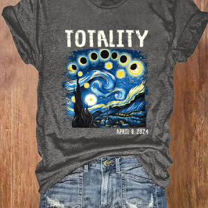 Retro Starry Night & Totality Solar Eclipse Of April 8, 2024 Print T-Shirt, T-shirts, Lilicloth.com