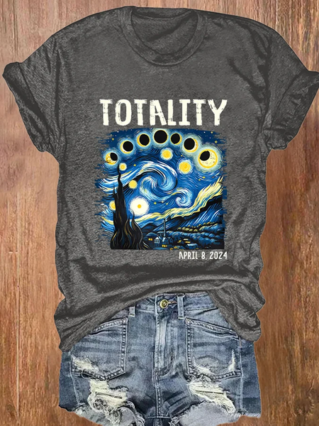 Retro Starry Night & Totality Solar Eclipse Of April 8, 2024 Print T-Shirt, T-shirts, Lilicloth.com