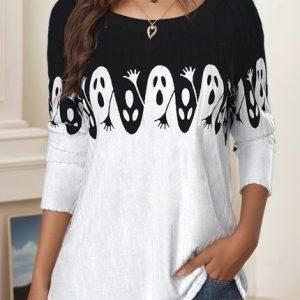 Women's Long Sleeve Tee T-shirt Spring/Fall Halloween Jersey Crew Neck Daily Going Out Casual Top, JustFashionNow T-Shirts, color:White|size:XXL,