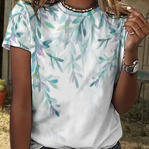 WomenвЂ™s Art Leaf Print Crew Neck T-Shirt, T-shirts, Lilicloth.com