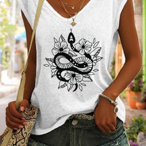 Casual Simple Snake Flower Print V-Neck Tank Top, Tank Tops, Lilicloth.com