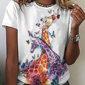 Women Funny Colorful Giraffe Crew Neck Simple Animal T-Shirt, T-shirts, Lilicloth.com