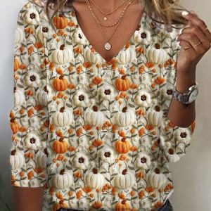 Women's Long Sleeve Tee T-shirt Spring/Fall Halloween (pumpkin) Printing Jersey V Neck Daily Going Out Vintage Top, JustFashionNow T-Shirts, color:Off White|size:XXL
