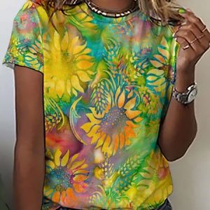 Casual Abstract Sunflower Print Crew Neck Short Sleeve T-Shirt, T-shirts, Lilicloth.com