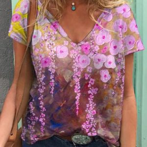 Abstract Floral Graphic Short Sleeve V-Neck Casual Tee, T-shirts, Lilicloth.com