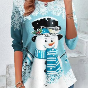 Women's Long Sleeve Tee T-shirt Spring/Fall Christmas Snowman Printing Jersey Crew Neck Holiday Going Out Vintage Top, JustFashionNow T-Shirts, color:Light Blue|size:XXL,