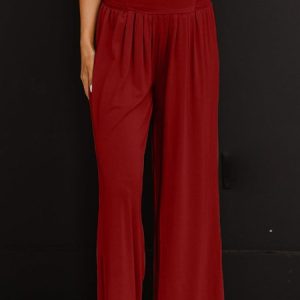 Women's Trousers Elastic Waist Wide Leg Pants Daily Going Out Casual Scramble Cotton Plain Spring/Fall Pants, JustFashionNow Pants, color:Wine Red|size:XXL,