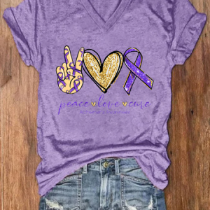Peace Love Cure, Purple Ribbon Heart, Alzheimer's Awareness Crew Neck Casual Floral Loose T-Shirt, T-shirts, Lilicloth.com