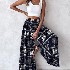 Tribal Elephant Print Shirred Wide Leg Pants, Pants, ChicMe catalog