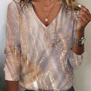 Women's Long Sleeve Tee T-shirt Spring/Fall Gradient Pattern Printing Jersey V Neck Daily Going Out Vintage Top, JustFashionNow T-Shirts, color:Brown|size:XXL,