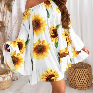 Sunflower Print Bell Sleeve Ruffle Hem Swing Dress, Casual Dresses, ChicMe catalog
