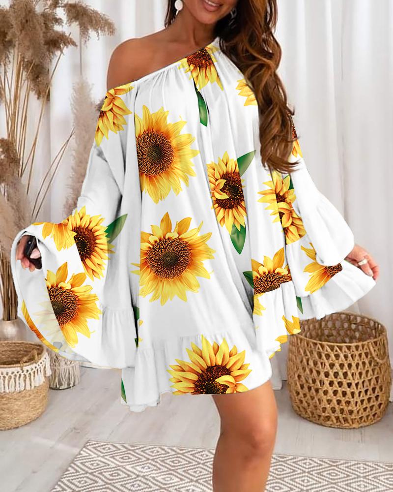 Sunflower Print Bell Sleeve Ruffle Hem Swing Dress, women Casual Dresses, ChicMe catalog