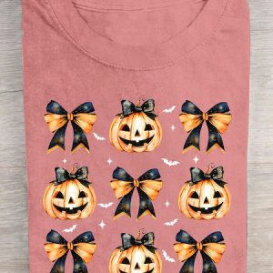 Coquette Bow Halloween Pumpkin Cotton T-shirt, T-shirts, Lilicloth.com