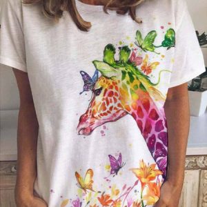 Casual Simple Giraffe Butterfly Print Crew Neck T-Shirt, T-shirts, Lilicloth.com