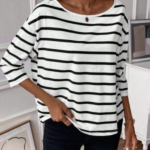 Women's Three Quarter Sleeve Tee T-shirt Spring/Fall Striped Knitted Crew Neck Daily Going Out Casual Top, JustFashionNow T-Shirts, color:White|size:XL,