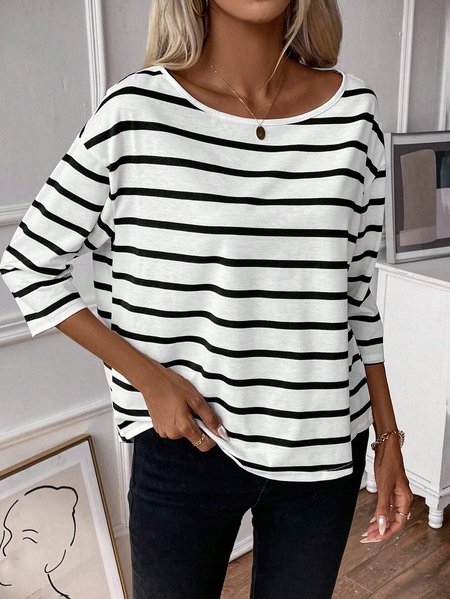Women's Three Quarter Sleeve Tee T-shirt Spring/Fall Striped Knitted Crew Neck Daily Going Out Casual Top, JustFashionNow T-Shirts, color:White|size:XL,
