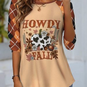 Casual Plaid Crew Neck Long Sleeve T-shirt, Blouses, color:Orange Red|size:XXL, catalog Noracora shop