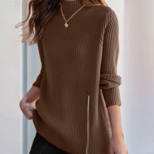 Women Yarn/Wool Yarn Plain Long Sleeve Comfy Casual Zipper Sweater, Sweaters, color:Coffee|size:M, catalog Noracora shop