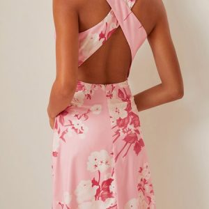 Women's Sleeveless Summer Floral Ruched Dress Stand Collar Date Going Out Urban Midi H-Line, JustFashionNow Dresses, color:Pink|size:3XL,