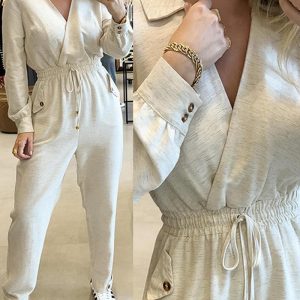 Turn-down Collar Overlap V-Neck Drawstring Stretchy Waist Jumpsuit Casual Flap Pockets Design Jumpsuit, women Jumpsuits, ChicMe catalog