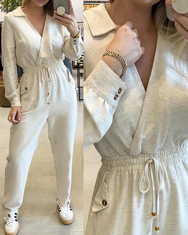 Turn-down Collar Overlap V-Neck Drawstring Stretchy Waist Jumpsuit Casual Flap Pockets Design Jumpsuit, women Jumpsuits, ChicMe catalog