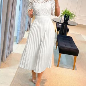 Stand Collar Puff Sleeve Lace Hollow-out Party Dress Zipper Back Pleated Dress, women Midi Dresses, ChicMe catalog