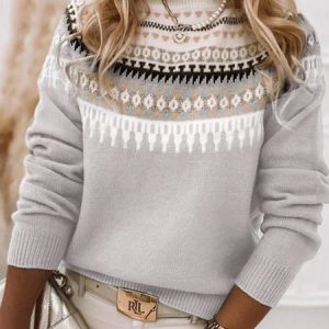 Women Wool/Knitting Ethnic Geometry Long Sleeve Comfy Casual Sweater, Sweaters, color:Light Gray|size:5XL, catalog Noracora shop