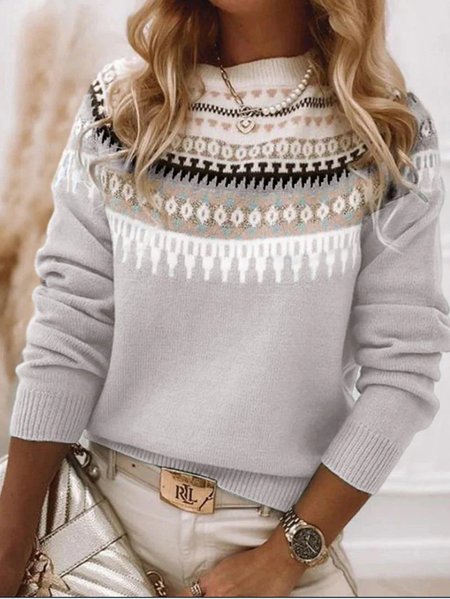 Women's Spring/Fall Ethnic Geometry Casual Long Sleeve Crew Neck Wool/Knitting Sweater, JustFashionNow Sweaters, color:Light Gray|size:5XL,