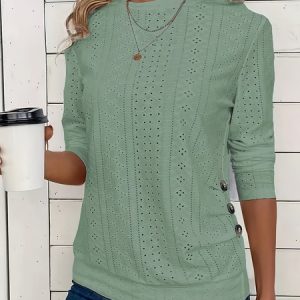Women's Long Sleeve Tee T-shirt Spring/Fall Plain Buckle Lace Crew Neck Daily Going Out Casual Top, JustFashionNow T-Shirts, color:Green|size:XXL,