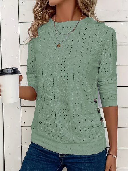 Women's Long Sleeve Tee T-shirt Spring/Fall Plain Buckle Lace Crew Neck Daily Going Out Casual Top, JustFashionNow T-Shirts, color:Green|size:XXL,