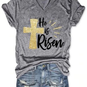 He Is Risen Easter Graphic Short Sleeve V-Neck Loose Tee, T-shirts, Lilicloth.com