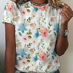 Casual Simple Floral Print Crew Neck Short Sleeve T-Shirt, T-shirts, Lilicloth.com