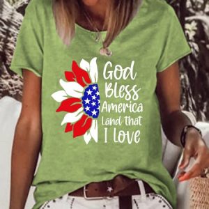 Sunflower American Flag God Cotton Blends Casual Letter Short Sleeve T-Shirt, T-shirts, Lilicloth.com